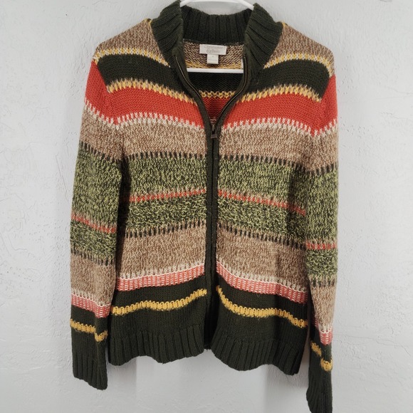 Christopher & Banks Sweaters - Christopher & Banks Green Striped Wool Blend‎ Full Cardigan Sweater Grandmacore